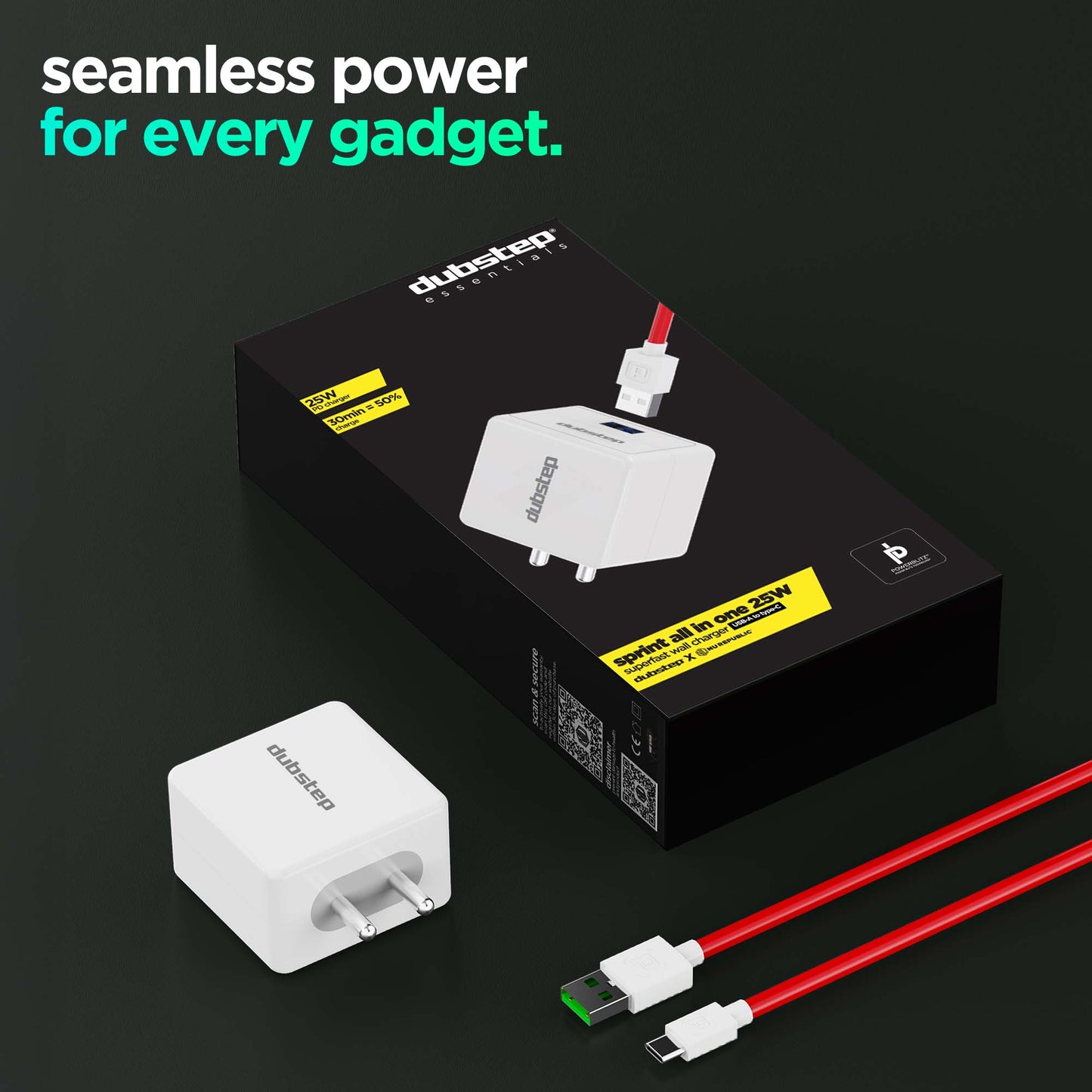 Sprint All In One 25W 5A Fast Charging Adapter with Cable (USB To Type-C)