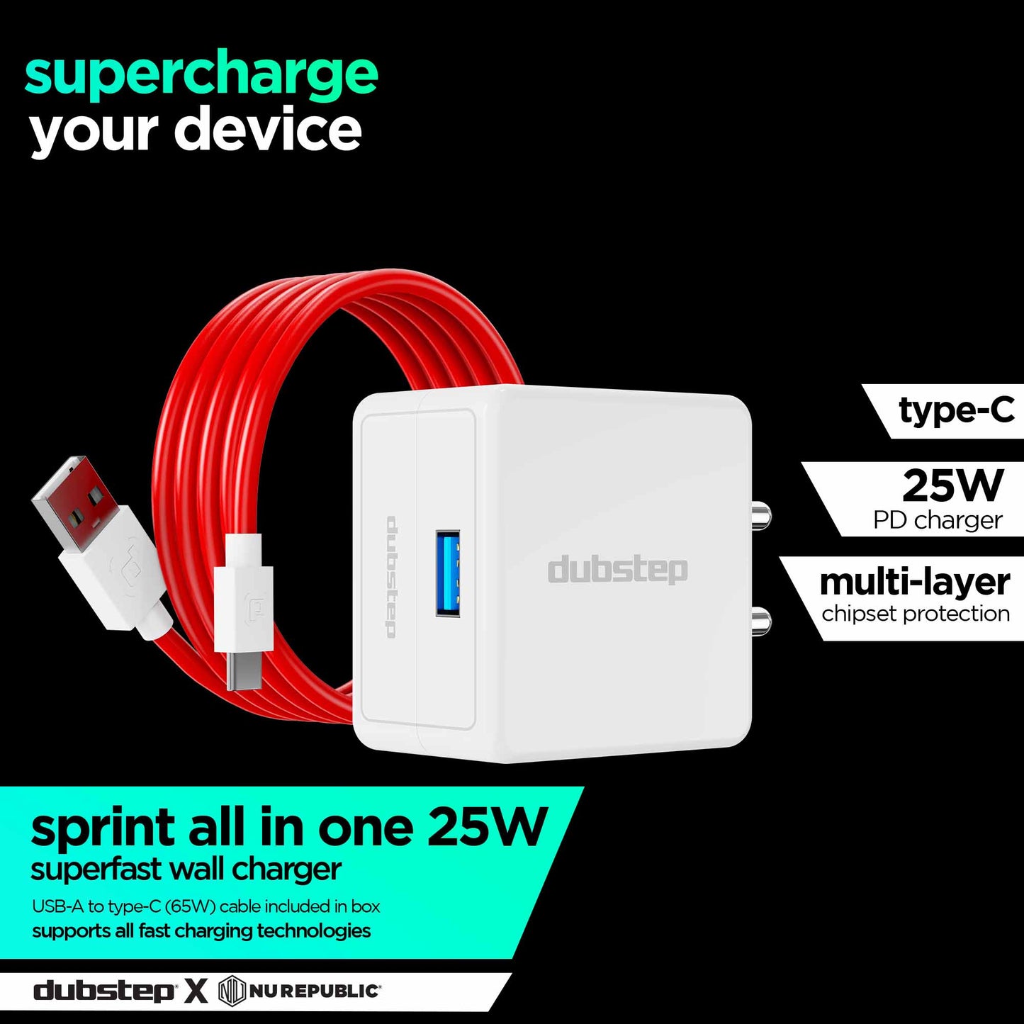 Sprint All In One 25W 5A Fast Charging Adapter with Cable (USB To Type-C)