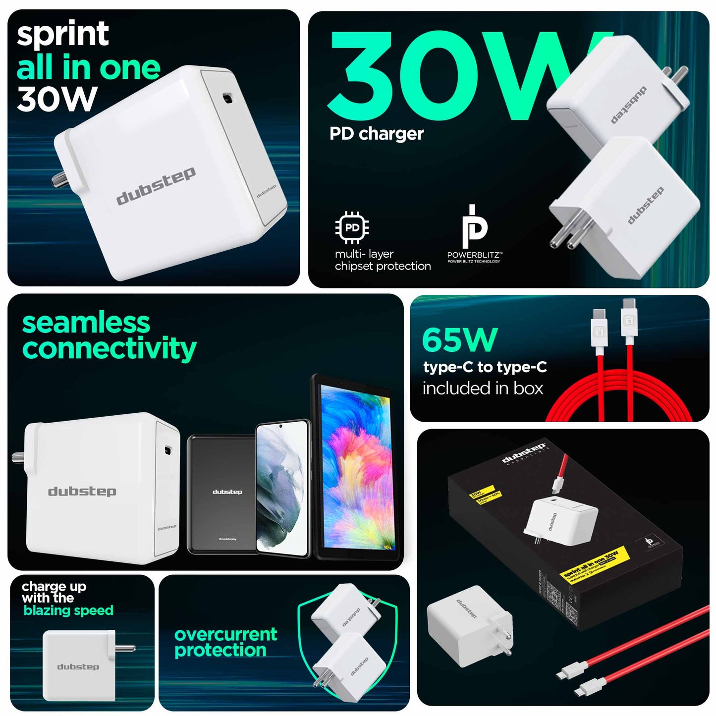 Sprint All In One 30W 6A Fast Charging Adapter with Cable (Type-C to Type-C)