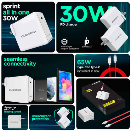 Sprint All In One 30W 6A Fast Charging Adapter with Cable (Type-C to Type-C)