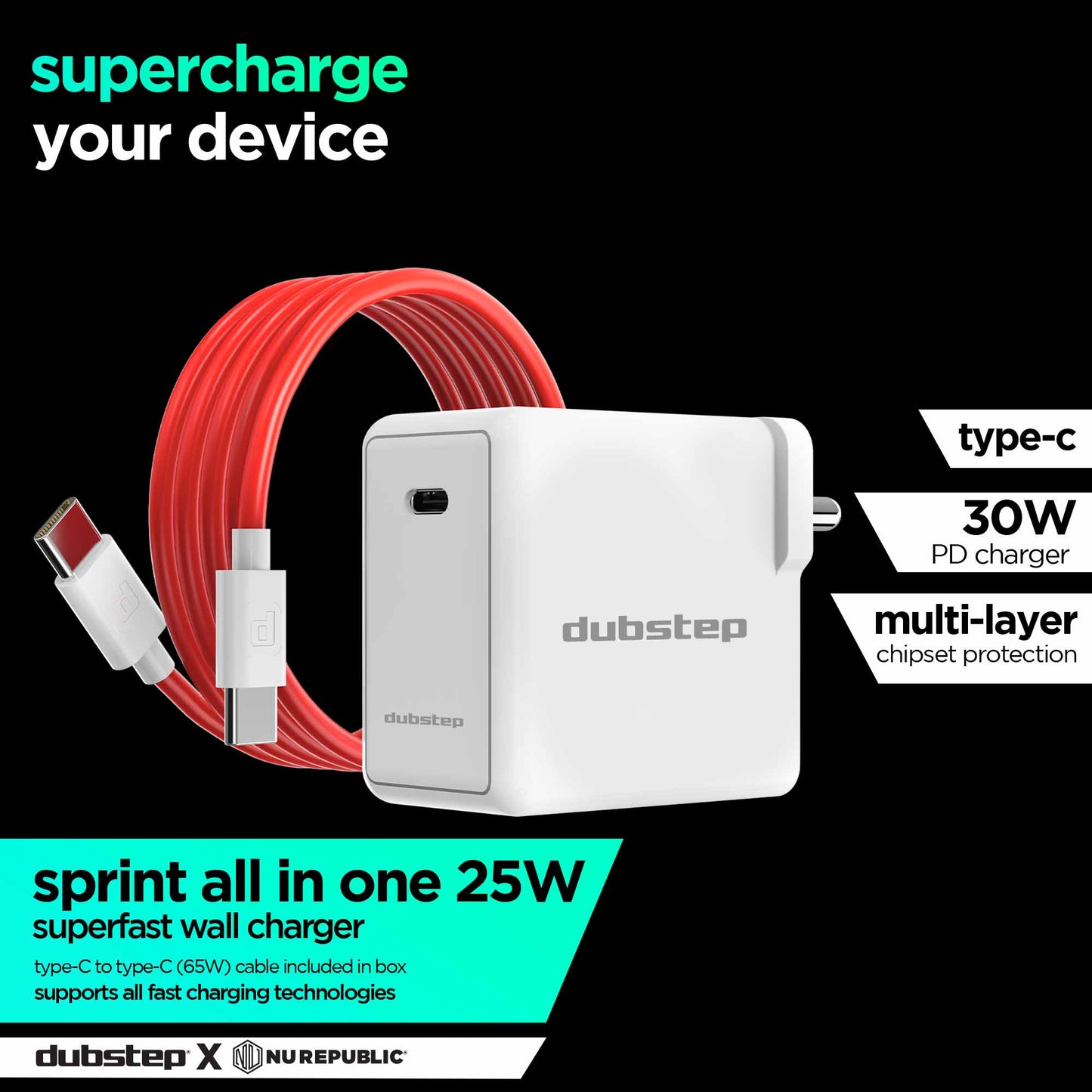 Sprint All In One 30W 6A Fast Charging Adapter with Cable (Type-C to Type-C)
